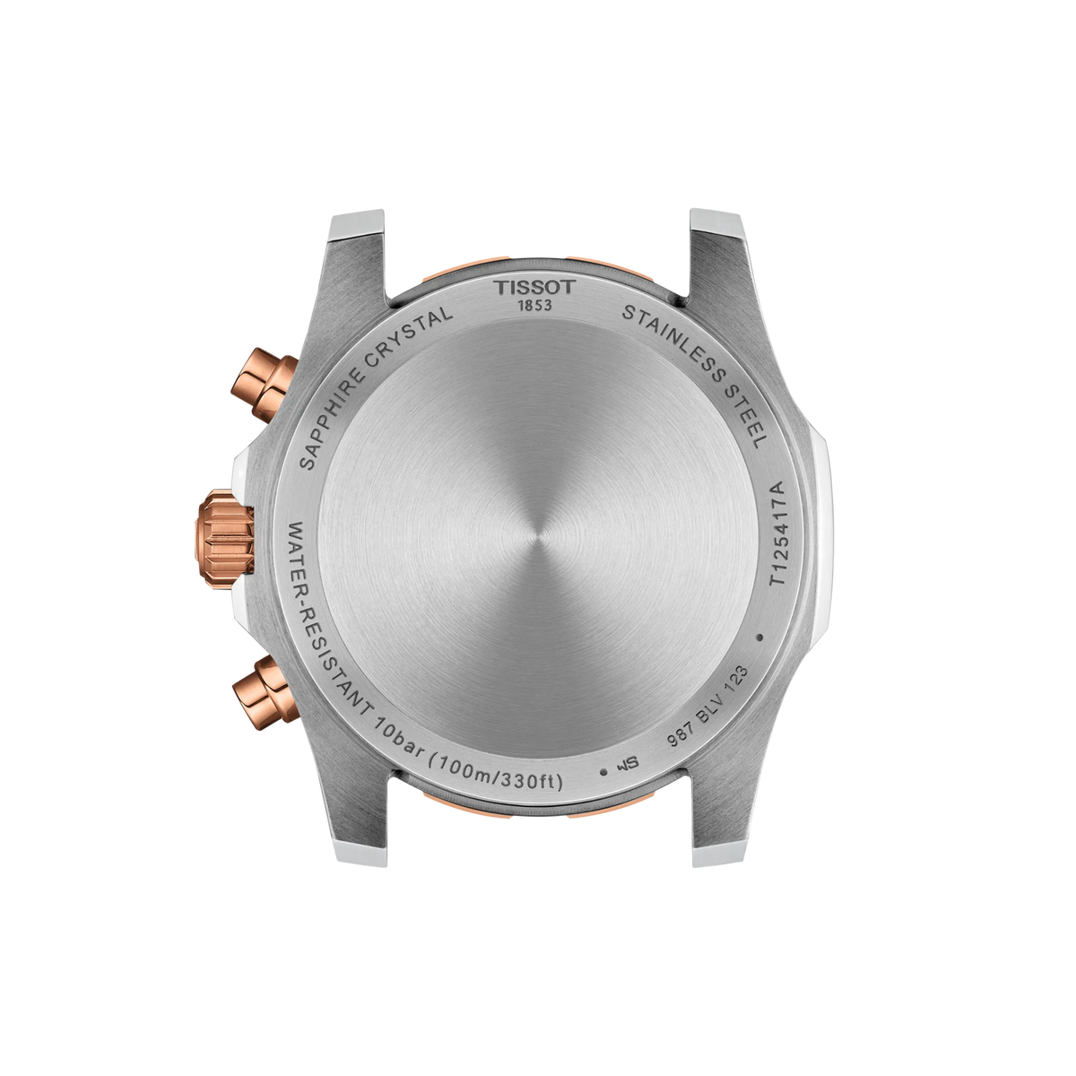 The case back of a Tissot Supersport Chrono Quartz 42mm Watch, showing copper-toned pushers and a circular brushed metal back engraved with technical specifications.