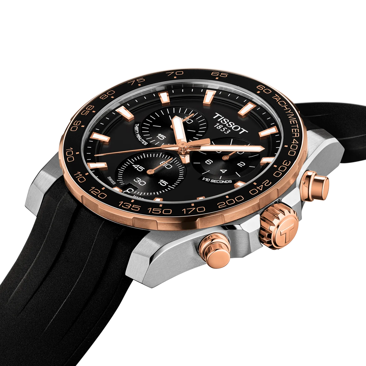 Tissot Supersport Chrono Quartz 42mm Watch with a black dial, rose gold-tone bezel and hands, and a black silicone strap.