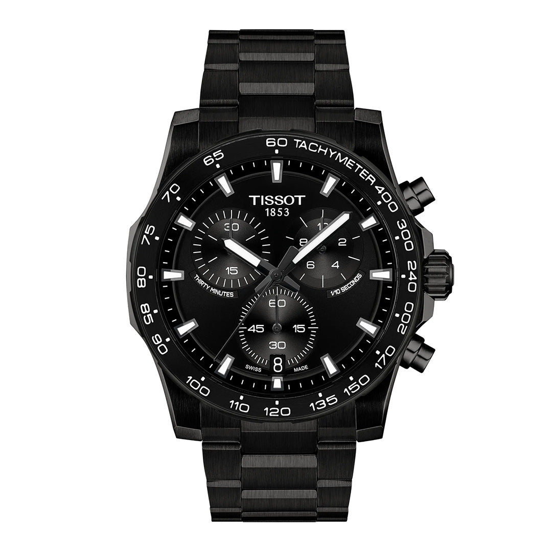 The Tissot Supersport Chrono Quartz 42mm Watch, available at Raffi Jewellers, showcases a chronograph with three subdials, silver hour markers, and a tachymeter bezel. Finished with a polished metal bracelet and the signature “TISSOT 1853” branding on the dial, this black Tissot timepiece embodies sporty sophistication.