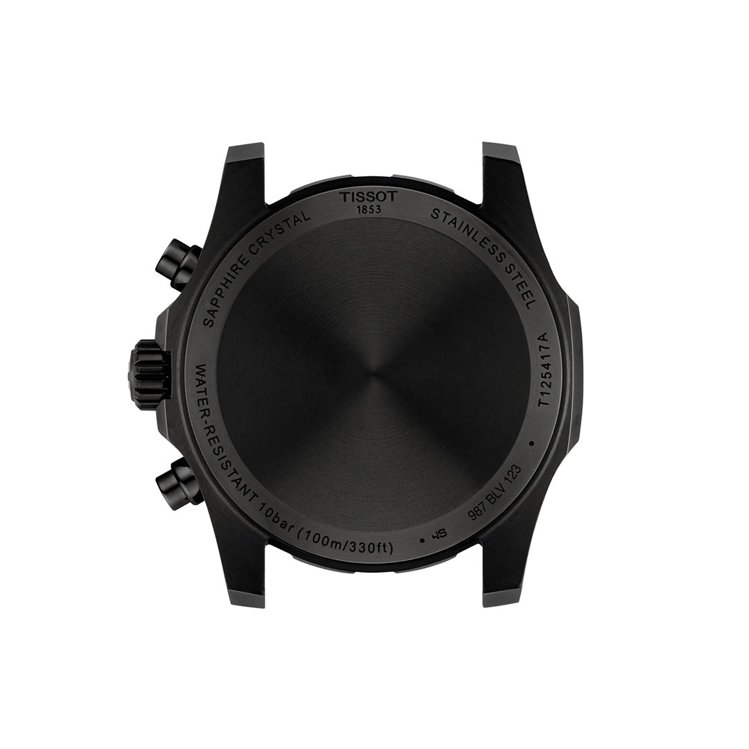 Back view of a Tissot Supersport Chrono Quartz 42mm Watch, available at Raffi Jewellers, showcasing its black case with engravings such as “sapphire crystal,” “stainless steel,” “water-resistant 10 bar (100m/330ft),” and reference number T125417A on a white background.