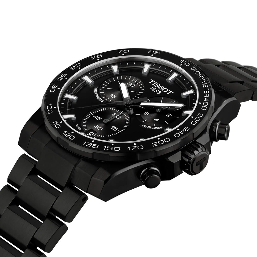 A Tissot Supersport Chrono Quartz 42mm watch in black stainless steel features three subdials, a tachymeter bezel, and silver hour markers, displayed at an angle on a white background—a bold sports timepiece offered by Raffi Jewellers.