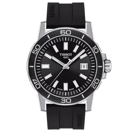 The Tissot Supersport Gent Quartz 44mm Watch features a black dial with silver hour markers and a date display at 3 o'clock. It is complemented by a black bezel with white numerals and a sturdy black rubber strap. Designed by Tissot, this sporty timepiece is crafted with Swiss Quartz Movement and includes scratch-resistant sapphire crystal for enhanced durability.