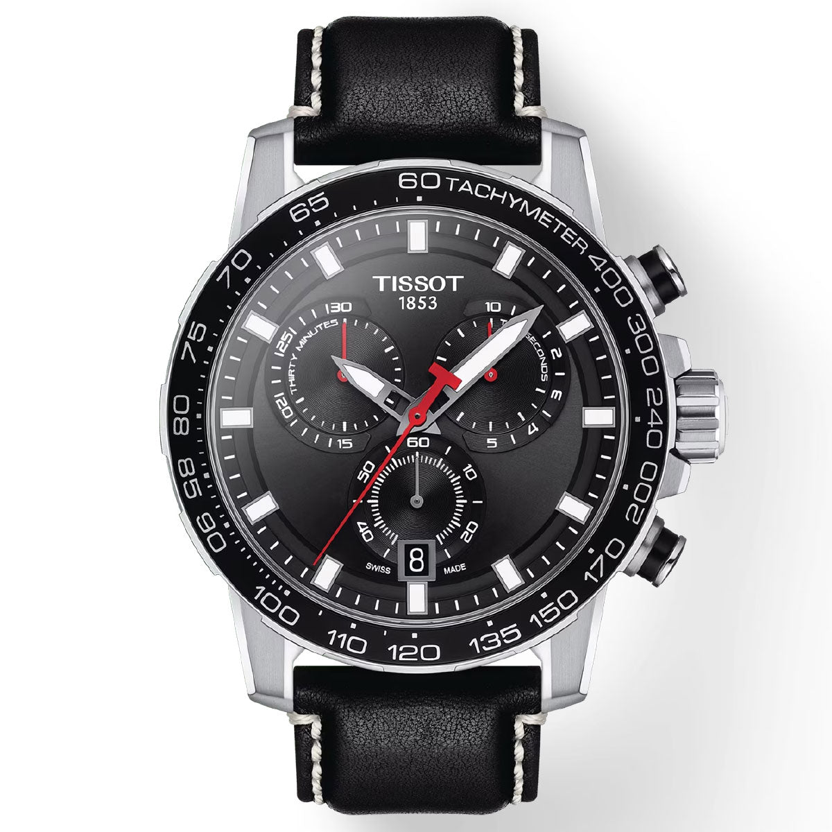 The Tissot Supersport Chrono Quartz 45.5mm Watch from Tissot features a black dial highlighted by white hour markers, all protected by a scratch-resistant sapphire crystal. It showcases three sub-dials and the word "Tachymeter" on its bezel. This timepiece is powered by Swiss quartz movement and comes with a black leather strap accented with white stitching.