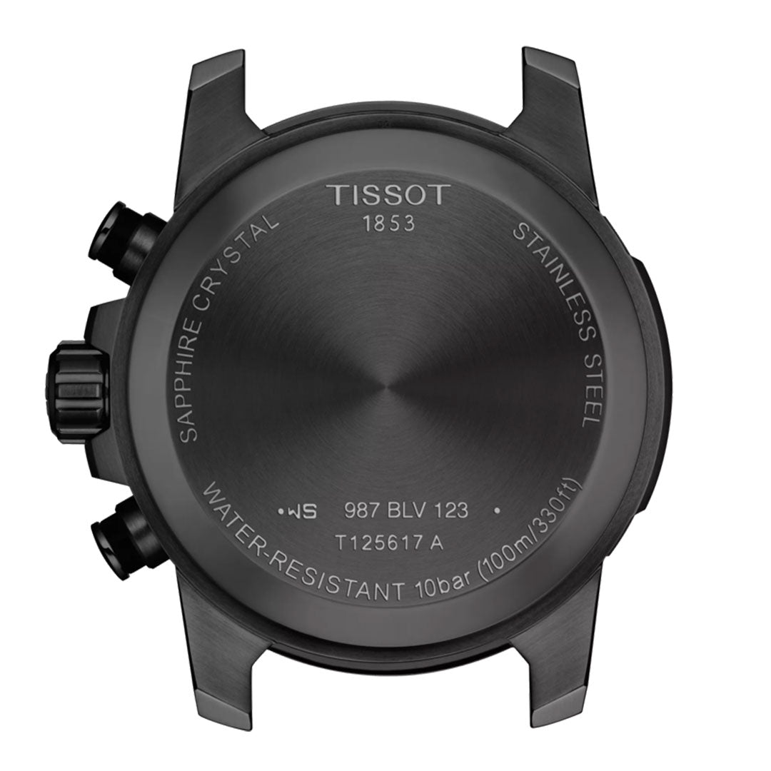 Back view of the Tissot Supersport Chrono Quartz 45.5mm Watch reveals engraved brand name, sapphire crystal, 10 bar (100 m/330 ft) water resistance, and model number T125617A—showcasing Tissot’s high-quality craftsmanship.