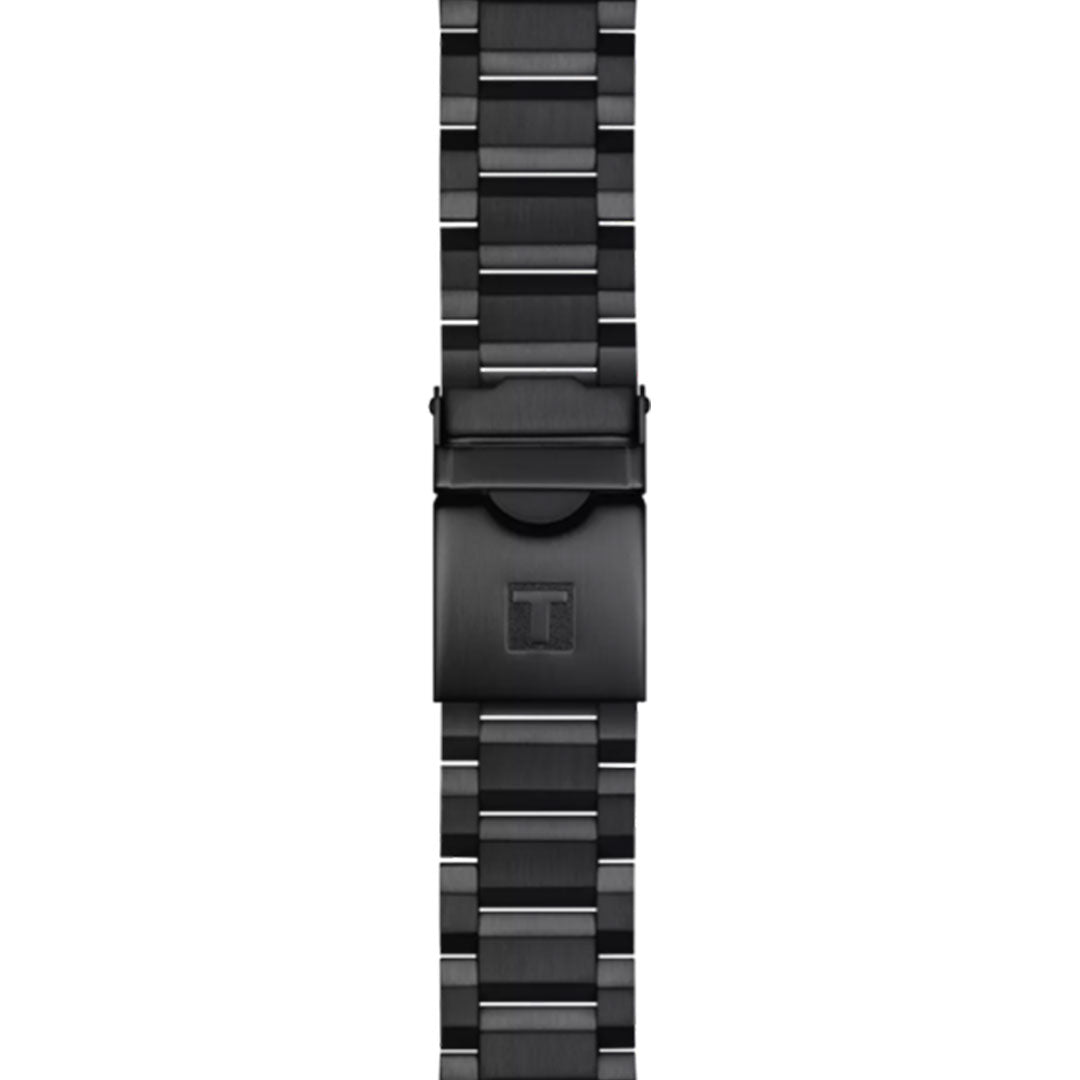 A black metal watch band with a clasp engraved with the “T” logo, shown vertically on a white background—designed for high-quality watches like the Tissot Supersport Chrono Quartz 45.5mm by Tissot.