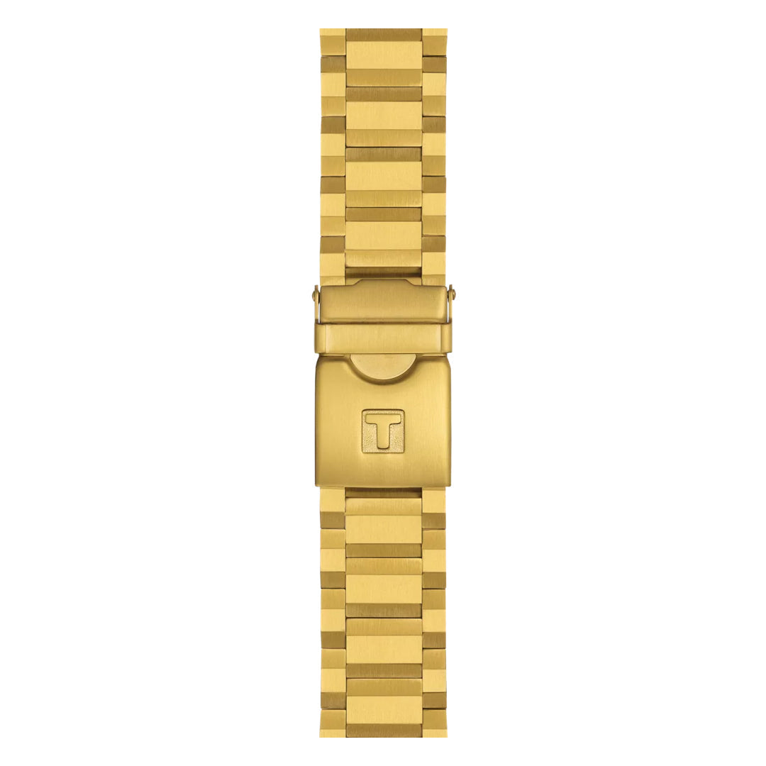 The Tissot Supersport Chrono Quartz 45.5mm Watch features a gold metal band with a rectangular "T" clasp, paired with its stainless steel case, showcased against a white background.