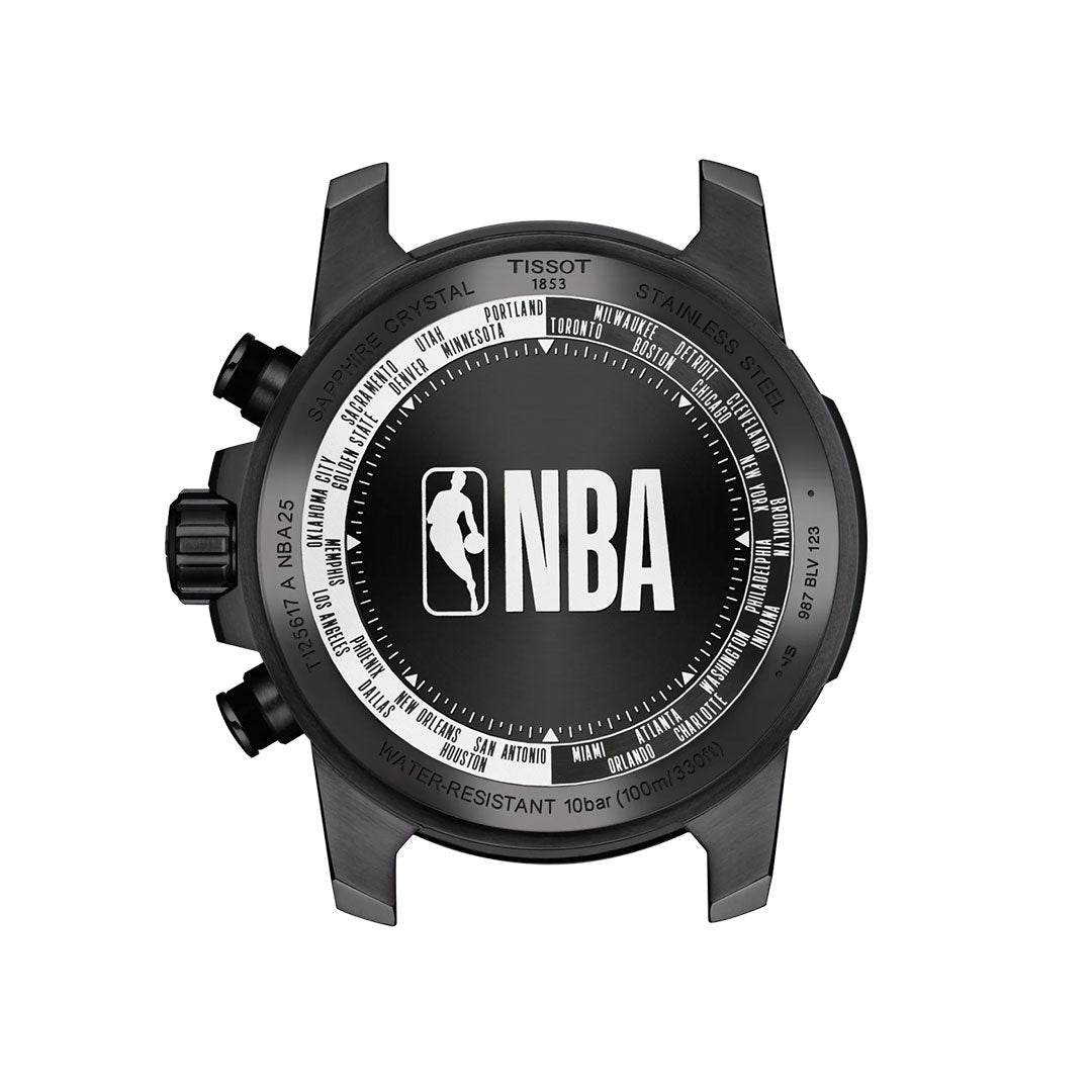 The Tissot Supersport NBA Special Edition Quartz 45.5mm Watch features a black PVD stainless steel case, NBA logo at the center, team cities around the edge, and left-side control buttons—a must-have for basketball fans.