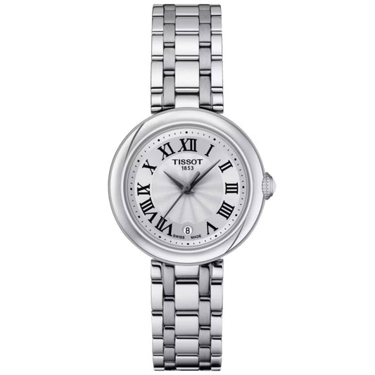 The Tissot Bellissima Small Lady Quartz 26mm Watch by Tissot features a silver tone with a stainless steel case and metallic bracelet. Its round dial is adorned with Roman numerals, black hands, a textured silver background, and includes a date display at the 6 o'clock position. The watch operates with Swiss Quartz Movement, and "1853" is elegantly printed below the logo.