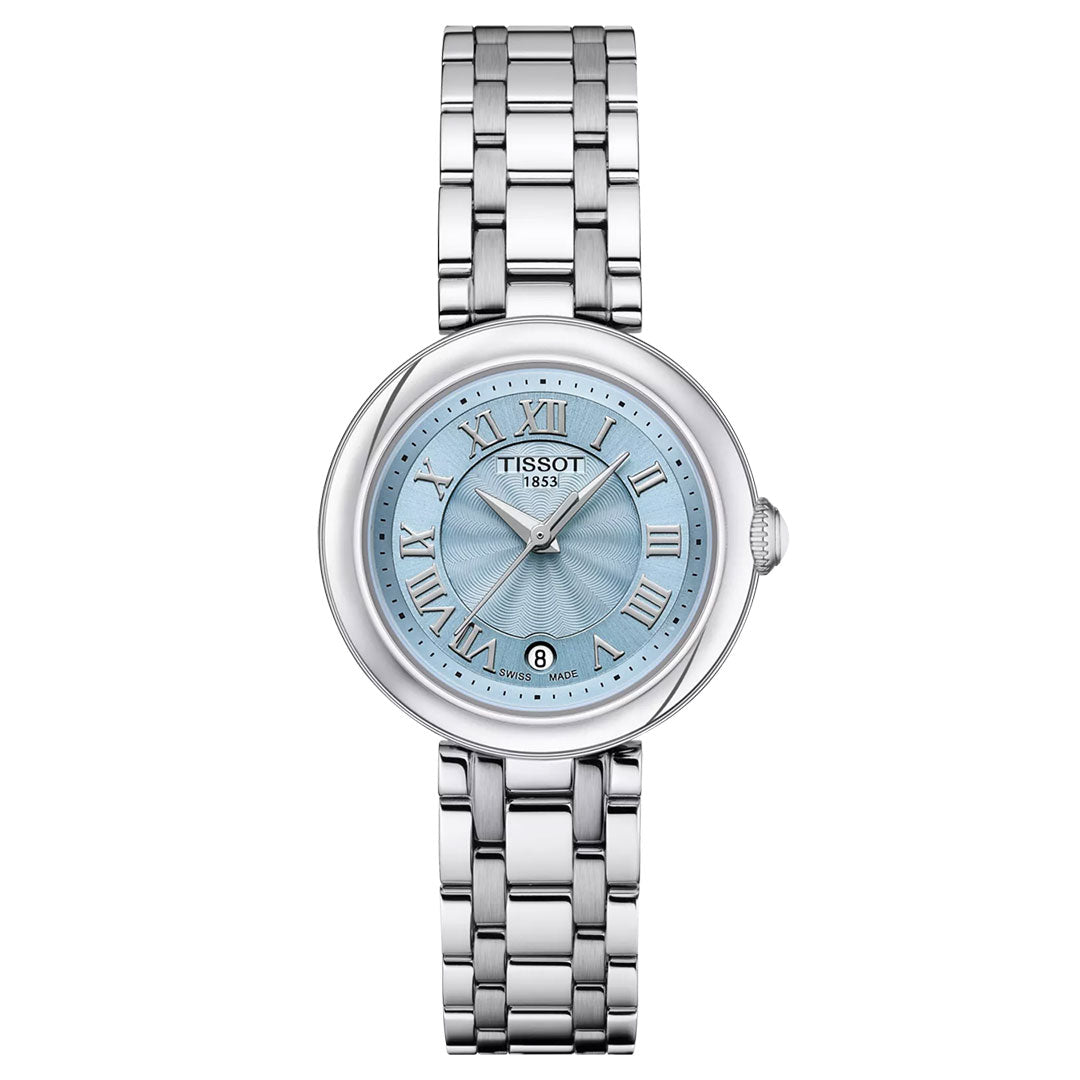 The Tissot Bellissima Small Lady Quartz 26mm Watch features a silver-tone stainless steel case, light blue dial with Roman numerals, Swiss Quartz movement, date at 6 o’clock, and a silver link bracelet—a classic from Tissot.