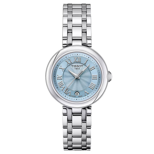 The Tissot Bellissima Small Lady Quartz 26mm Watch features a silver-tone stainless steel case, light blue dial with Roman numerals, Swiss Quartz movement, date at 6 o’clock, and a silver link bracelet—a classic from Tissot.
