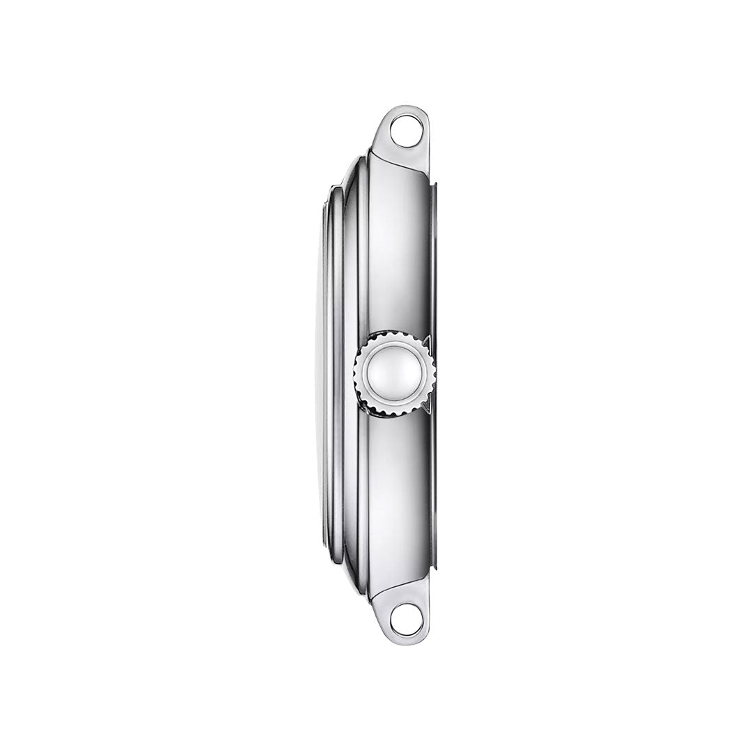 Side view of the Tissot Bellissima Small Lady Quartz 26mm Watch by Tissot, showcasing its silver stainless steel case with central crown and top and bottom lugs, set against a plain white background.