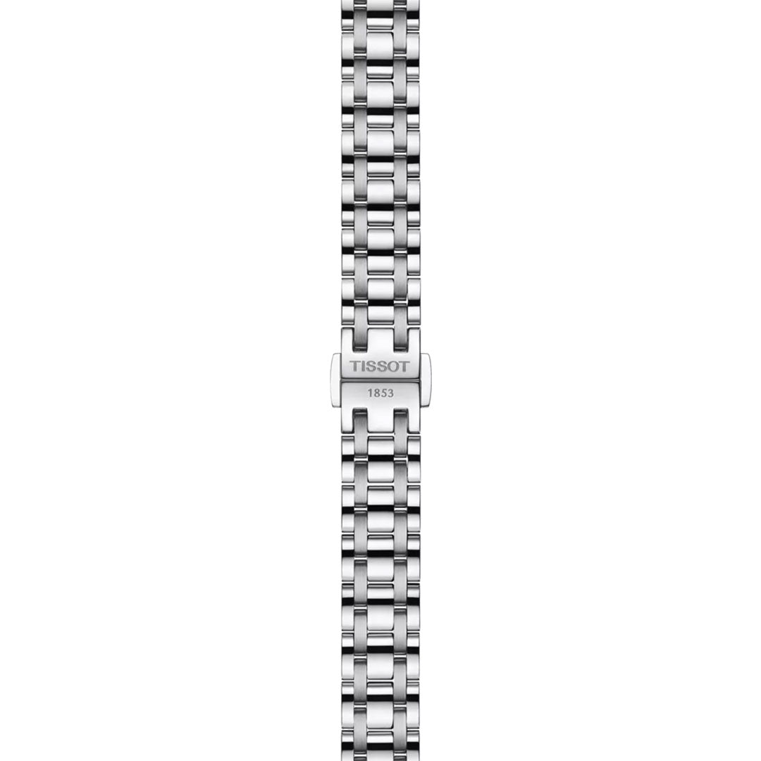 The Tissot Bellissima Small Lady Quartz 26mm Watch features a silver stainless steel band with interlocking links and a "TISSOT 1853" clasp, beautifully matching its sleek stainless steel case and precise Swiss Quartz movement.