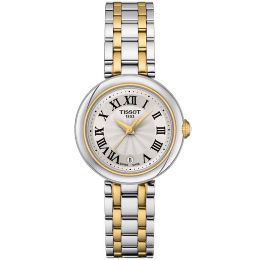 The Tissot Bellissima Small Lady Quartz 26mm Watch features a circular silver face adorned with Roman numerals and a date window positioned at 6 o'clock. It showcases Swiss Quartz Movement, and the two-tone bracelet is designed with alternating gold and silver links. The brand name "Tissot 1853" embellishes the scratch-resistant sapphire crystal watch face.