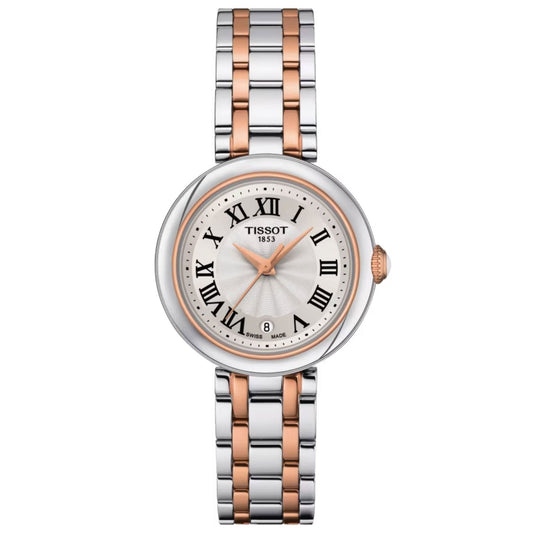 The Tissot Bellissima Small Lady Quartz 26mm Watch by Tissot features a silver and rose gold two-tone metal band. It includes a round silver dial with Roman numerals, a date display at 6 o'clock, and is protected by scratch-resistant sapphire crystal. Made from 316L stainless steel, it offers precise Swiss Quartz movement.