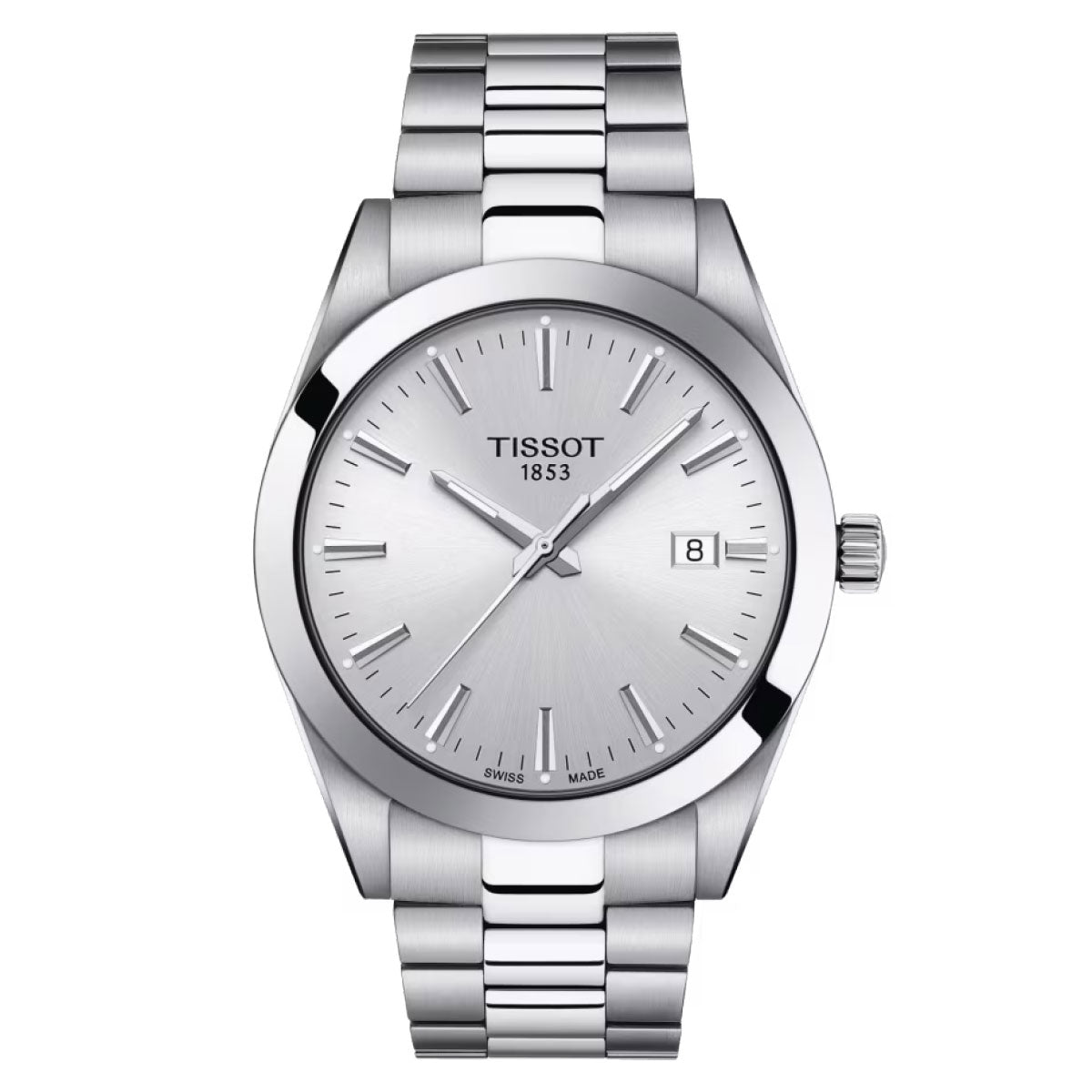 The Tissot Gentleman Quartz 40mm Watch, crafted in silver, showcases a round face with a date display at the 3 o'clock position and employs Swiss Quartz Movement for accurate timekeeping. It includes a stainless steel band and straightforward hour markers, with "Tissot 1853" prominently displayed on the dial, all housed in robust 316L Stainless Steel.