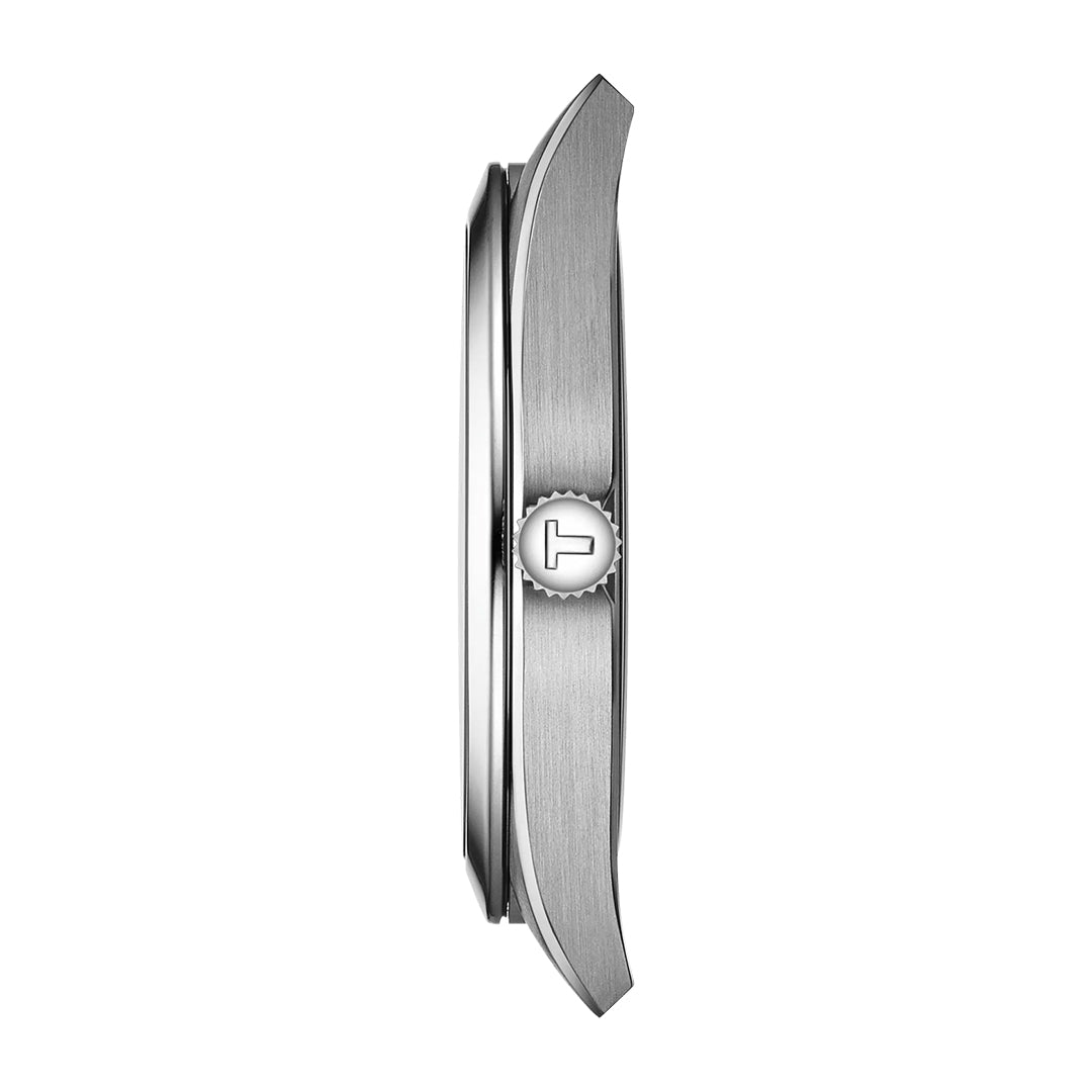 Side view of the Tissot Gentleman Titanium Quartz 40mm Watch by Tissot, featuring a brushed titanium finish, embossed crown logo, slim profile, and Swiss Quartz movement set against a white background.