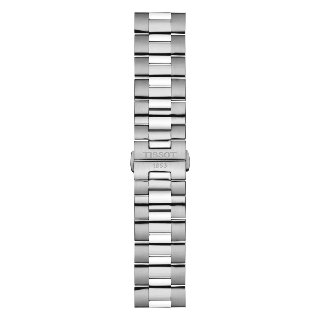A Tissot Gentleman Titanium Quartz 40mm Watch band with a brushed metal finish and a deployment clasp engraved "TISSOT 1853," shown top-down, designed to complement the Swiss Quartz movement inside.