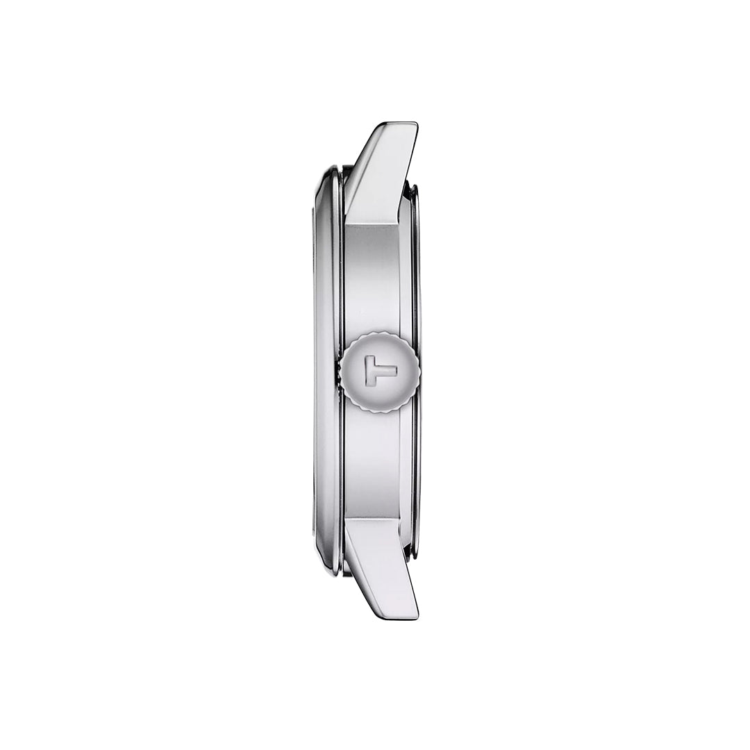 Side view of the Tissot Classic Dream Lady Quartz 28mm Watch, featuring a silver stainless steel case, round crown embossed with Tissot’s T logo, and minimalistic lugs that enhance its refined, classic appeal.