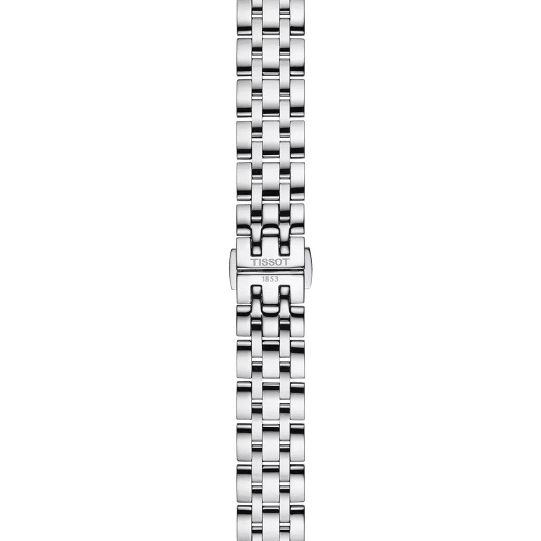 The Tissot Classic Dream Lady Quartz 28mm Watch features a silver stainless steel multi-link bracelet with a polished finish and a clasp engraved with the Tissot logo and "1853," shown vertically against a white background.