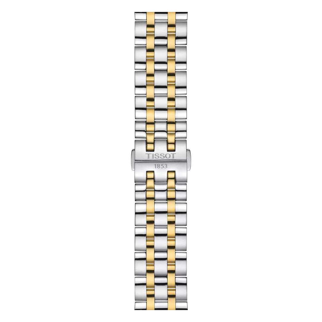 The Tissot Classic Dream Swissmatic 42mm Watch features a two-tone 316L stainless steel band with alternating silver and gold links and a "TISSOT 1853" engraved clasp—perfect for adding classic style to your wrist.