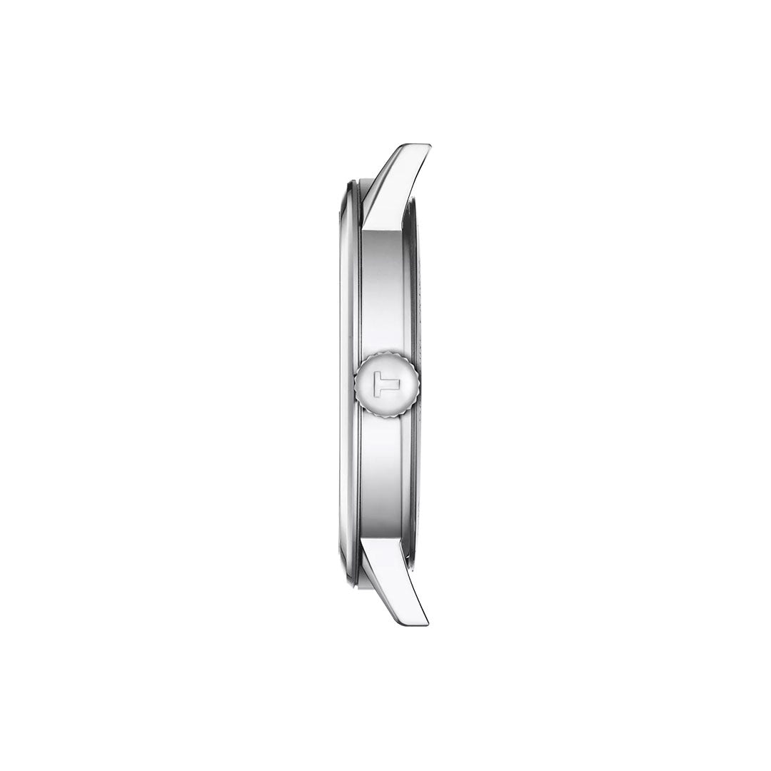 Side view of the Tissot Classic Dream Quartz 42mm Watch’s slim, round silver case with a signature "H" crown, highlighting Tissot’s classic elegance against a plain white background.