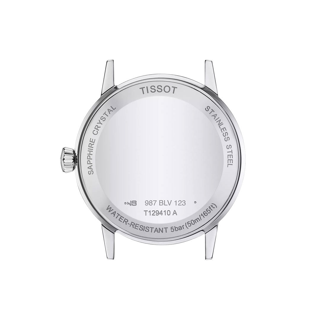 The back of the Tissot Classic Dream Quartz 42mm Watch shows engravings: "TISSOT," "STAINLESS STEEL," "SAPPHIRE CRYSTAL," "WATER-RESISTANT 5 bar (50m/165 ft)," serial numbers, and features Swiss Quartz movement refinement.