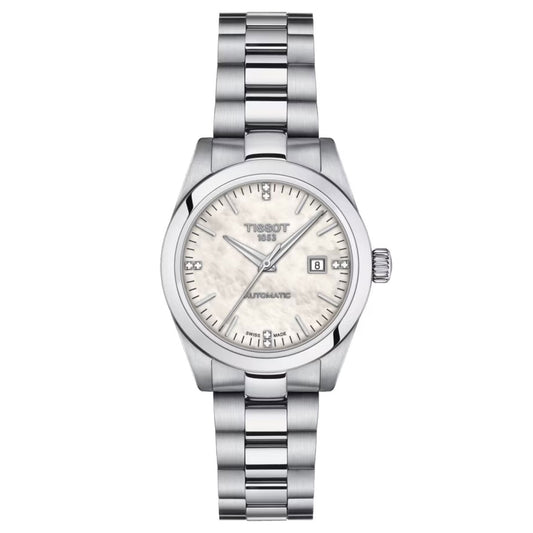The Tissot T-My Lady Automatic 29mm Watch is a silver timepiece featuring a metal band and a round face. It showcases a light-colored mother-of-pearl dial embellished with silver hour markers, includes a date display at the 3 o'clock position, and prominently displays the "Tissot 1853" brand name above the center. This elegant watch is protected by durable sapphire crystal.