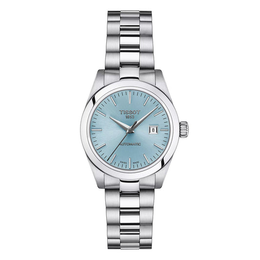 The Tissot T-My Lady Automatic 29mm Watch is a Swiss Made wristwatch crafted from silver stainless steel and showcases a light blue dial. It includes a date display at the 3 o'clock position and prominently features the brand name "Tissot 1853" near the top. This elegant automatic watch is adorned with silver hour markers and paired with a sleek bracelet strap.