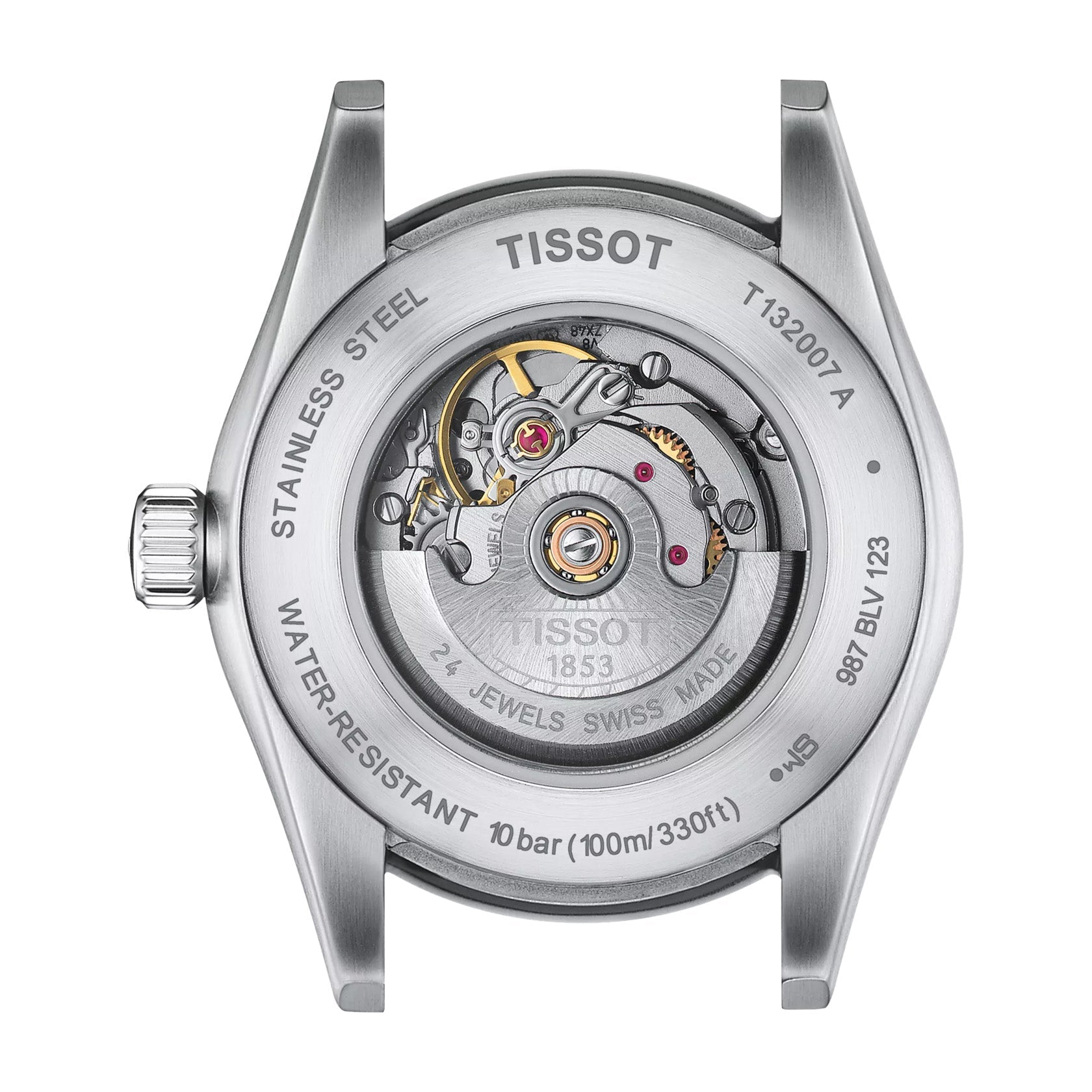 The back of the Tissot T-My Lady Automatic 29mm Watch is shown in close-up, highlighting its mechanical movement and inscriptions. The stainless steel case displays details such as a water resistance of 10 bar and a jewel count of 24, along with the "Swiss Made" marking. Some inner gears of this automatic watch are partially visible.