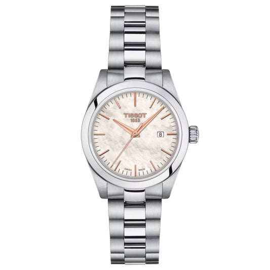 Introducing the Tissot T-My Lady Quartz 29mm Watch, a sophisticated silver timepiece featuring a sleek metal bracelet and a white mother-of-pearl dial. Its elegant design highlights rose gold hour markers and hands, paired with a date display at the 3 o'clock position for seamless timekeeping.