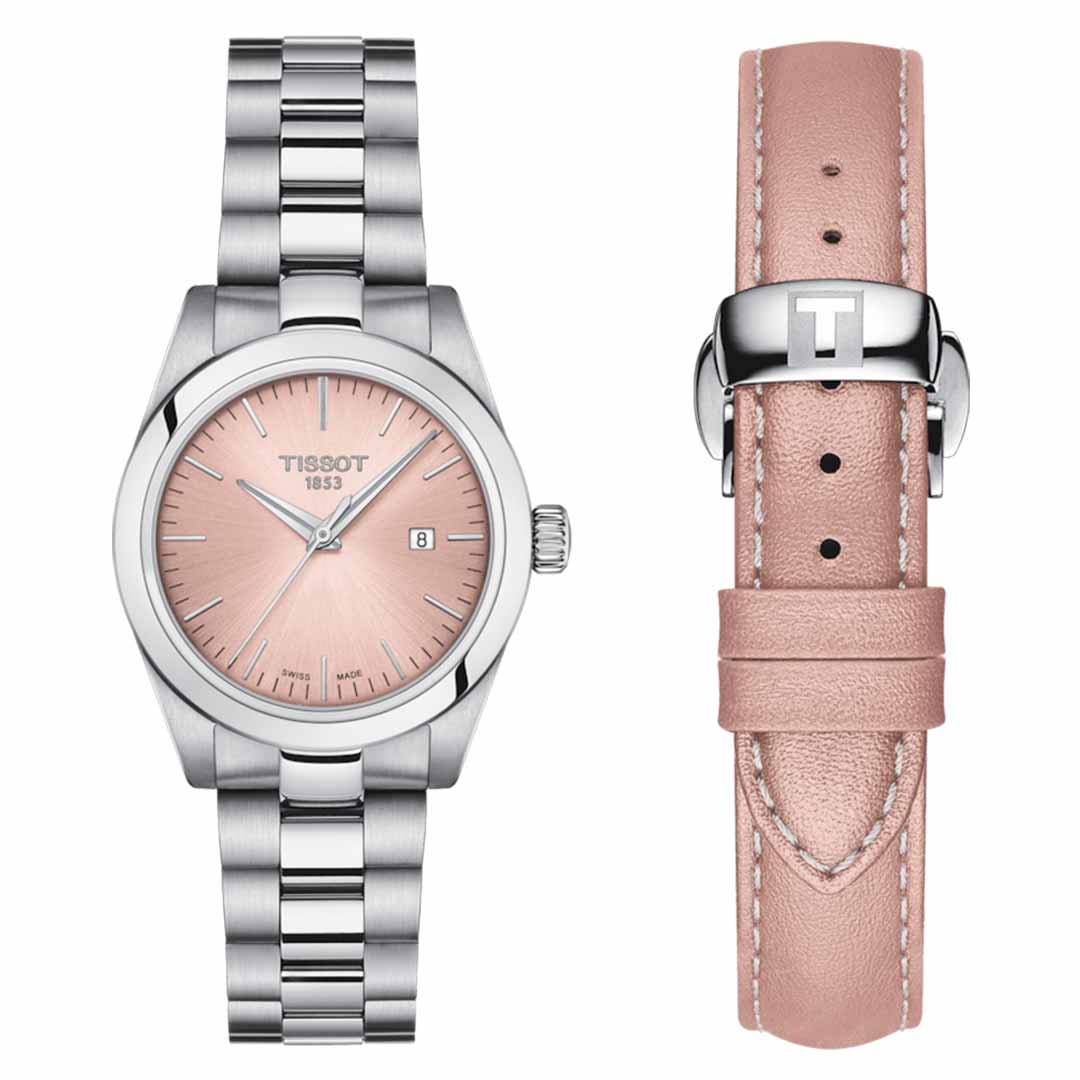 On the left, the Tissot T-My Lady Quartz 29mm Watch is displayed, featuring a silver metal band and a pink dial. To the right, a separate pink leather strap with a silver clasp marked by the letter "T" is shown. This elegant timepiece from Tissot showcases Swiss Quartz Movement and incorporates scratch-resistant sapphire crystal in its design.