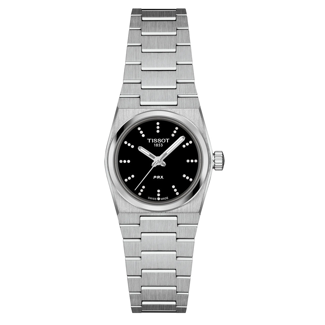 The Tissot PRX Quartz 25mm Watch features a sleek silver stainless steel 316L case, black dial, and textured metal bracelet. It has Swiss Quartz movement, a round face with white minute markers, scratch-resistant sapphire crystal, and displays the Tissot brand name and logo.