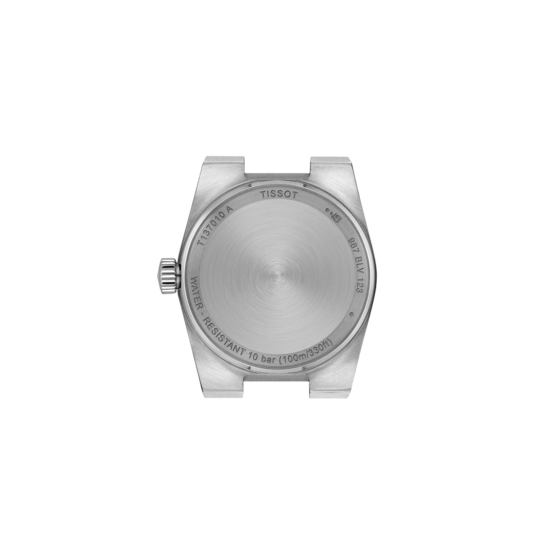 Back view of a silver Tissot PRX Quartz 25mm watch case with engraved details, including model number and water resistance of 10 bar (100m/330ft). It features a scratch-resistant sapphire crystal and is crafted from stainless steel. The Swiss Quartz movement ensures durability, displayed on white.