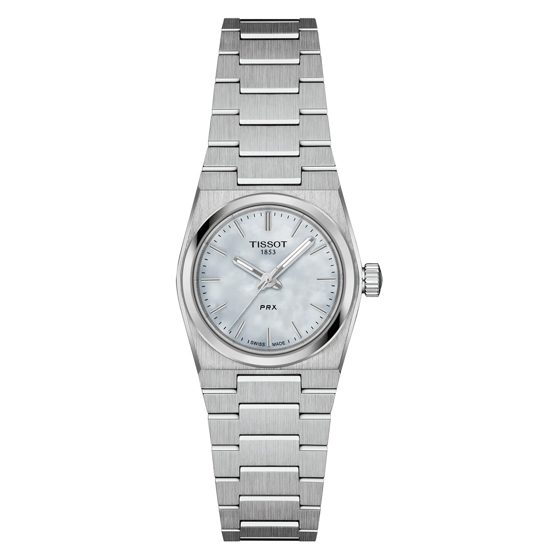 The Tissot PRX Quartz 25mm Watch features a stainless steel bracelet, a sapphire crystal over its round white mother-of-pearl dial with silver hour markers, and a precise quartz movement—all showcasing Tissot’s simple, elegant design.