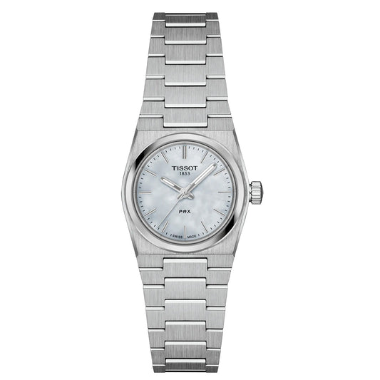 The Tissot PRX Quartz 25mm Watch features a stainless steel bracelet, a sapphire crystal over its round white mother-of-pearl dial with silver hour markers, and a precise quartz movement—all showcasing Tissot’s simple, elegant design.