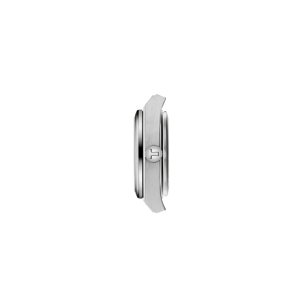 Side view of the Tissot PRX Quartz 25mm Watch, featuring a silver stainless steel case and a crown engraved with the Tissot "H" logo, displayed on a plain white background.