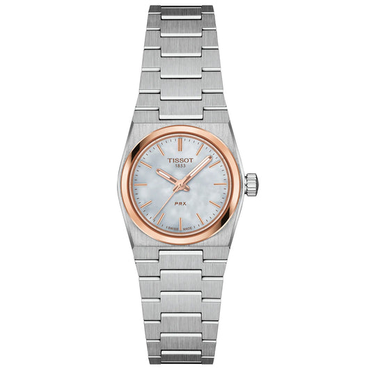 The Tissot PRX Quartz 25mm Watch features a stainless steel case, metal bracelet, rose gold bezel, white textured dial, and rose gold hour markers and hands. The Tissot brand name and logo appear on the face.