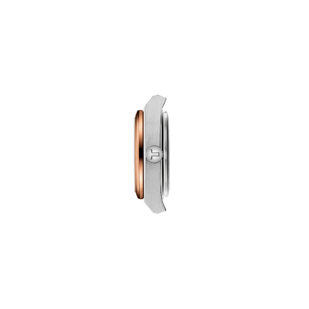 Side view of two Tissot PRX Quartz 25mm Watches by Tissot, one with a rose gold bezel and one with a silver bezel, both featuring stainless steel cases and visible crowns, set against a plain white background.