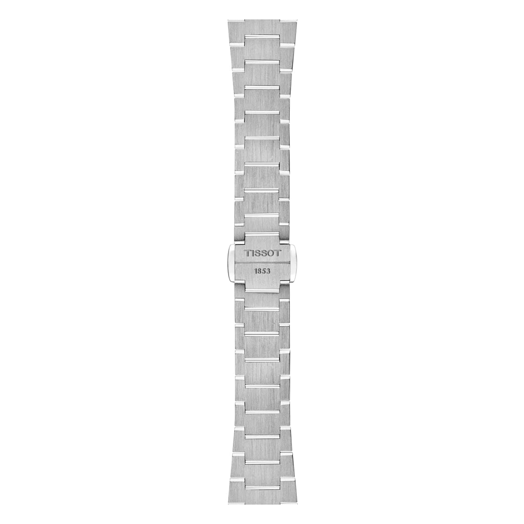 The Tissot PRX Quartz 25mm Watch features a silver bracelet with brushed rectangular links and a central "TISSOT 1853" clasp, paired with a stainless steel case and quartz movement, shown on a plain white background.
