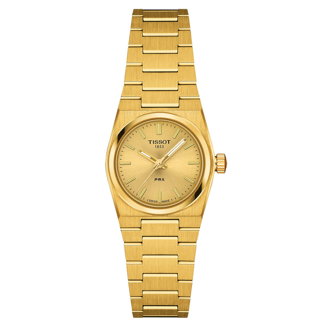 The Tissot PRX Quartz 25mm Watch features a round gold dial with gold markers and hands, "Tissot 1853" and "PRX" on the minimal face, plus a matching gold bracelet for an elegant stainless steel style.