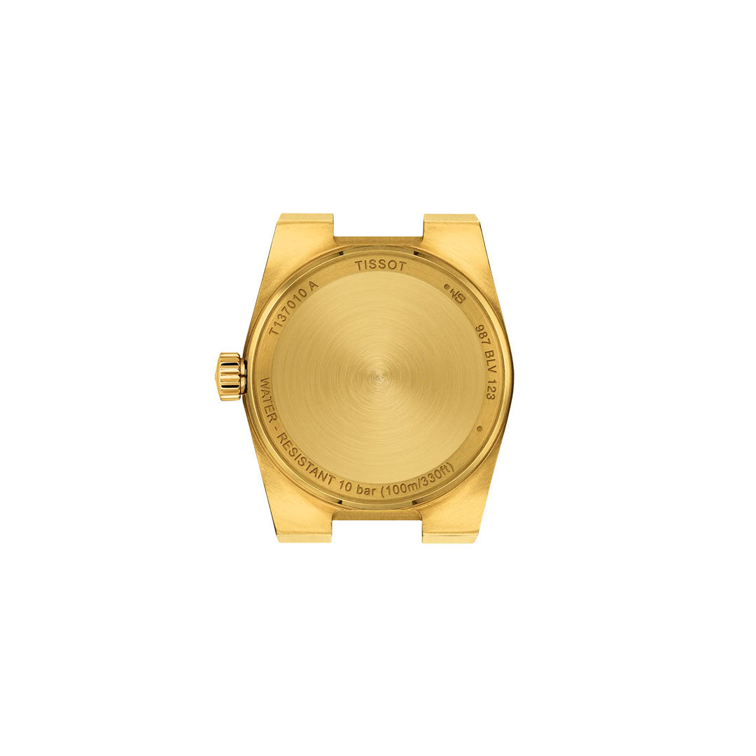 The gold Tissot PRX Quartz 25mm watch case back features circular brushing, water resistance to 10 bar (100m/330ft), stainless steel construction, and engraved model numbers. No strap or watch face is visible. Brand: Tissot.