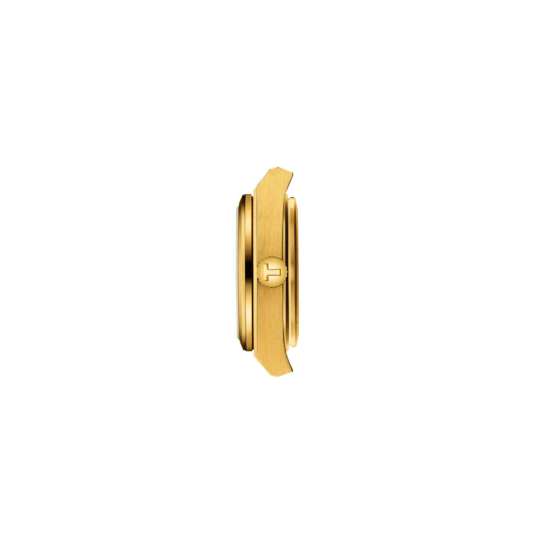 Side view of the Tissot PRX Quartz 25mm Watch by Tissot, showcasing its gold case with a round crown, set against a plain white background.