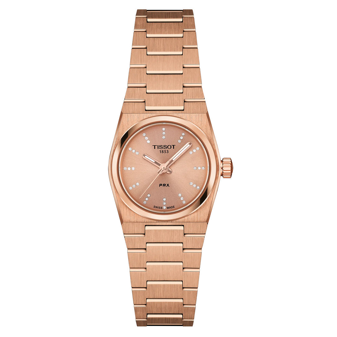 The Tissot PRX Quartz 25mm Watch by Tissot features a rose gold finish, stainless steel case, metal bracelet, round dial, and sleek diamond hour markers.