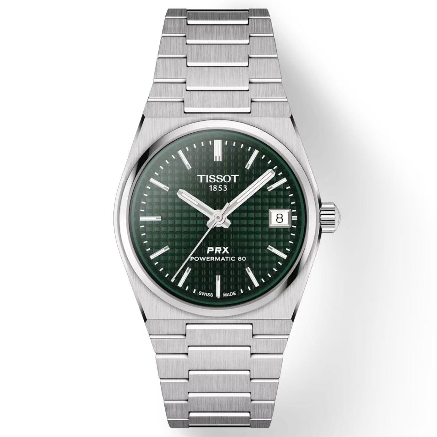 The Tissot PRX Powermatic 80 Automatic 35mm Watch, by Tissot, showcases a silver stainless steel bracelet and case with an interchangeable quick release design. It includes a dark green textured dial, silver hands, a date window at 3 o'clock, and an engraved grid pattern, all safeguarded by scratch-resistant sapphire crystal.