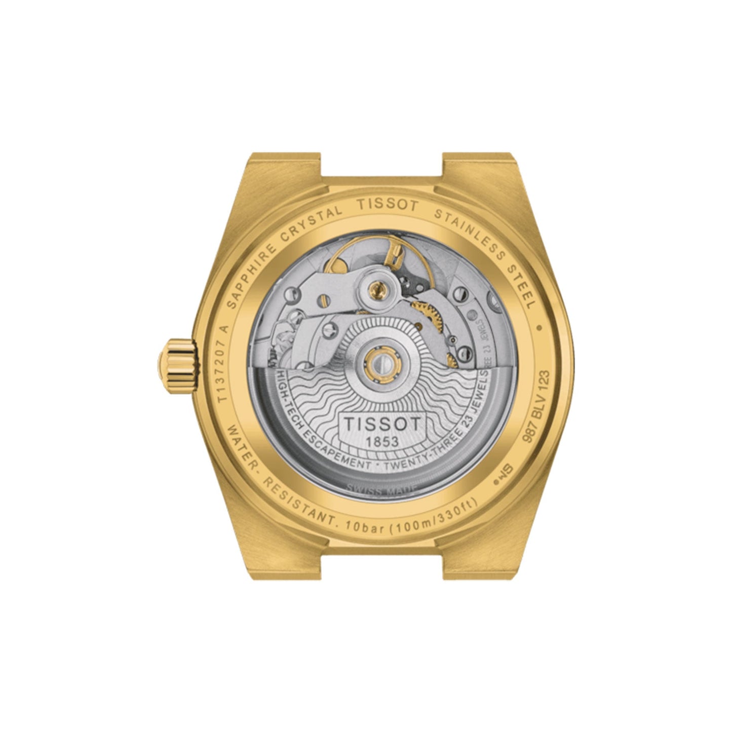 The image displays the back view of a Tissot PRX Powermatic 80 Automatic 35mm watch case in yellow gold PVD coating, highlighting its detailed automatic movement. The case is inscribed with "Scratch-Resistant Sapphire Crystal," "Stainless Steel," and "Water Resistant 10 bar (100m/330ft).