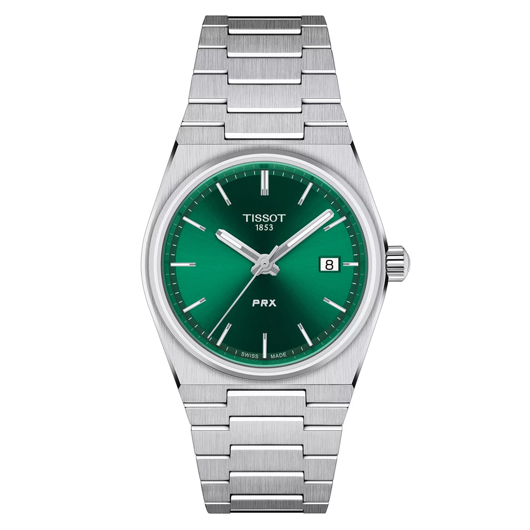 The Tissot PRX Quartz 35mm Watch features a retro design with a stainless steel bracelet and a green dial. It includes silver hour markers, hands, the "Tissot" brand name, "1853," and "PRX," with a date window at the 3 o'clock position.