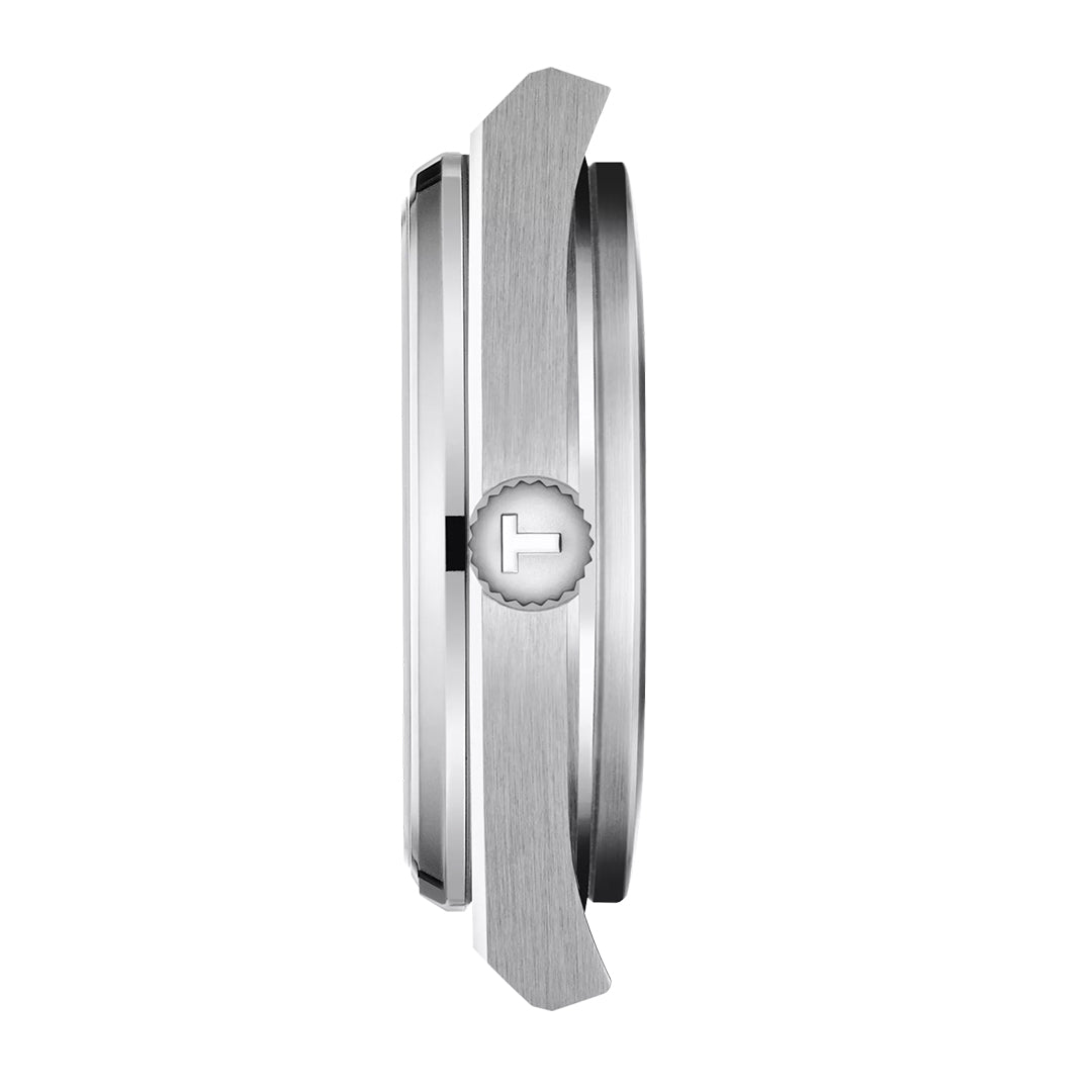 Side view of the Tissot PRX Quartz 35mm Watch by Tissot, displaying its brushed metal case, embossed round crown, and slim retro profile—emphasizing Swiss Quartz precision against a white background.