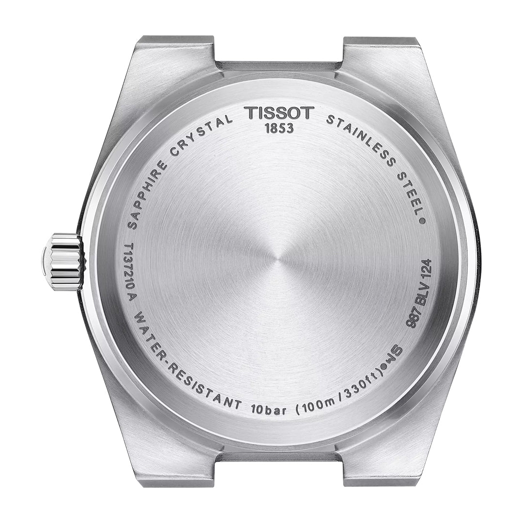 The back of the Tissot PRX Quartz 35mm Watch showcases engraved details like the Tissot logo, "1853," stainless steel, Swiss quartz movement, sapphire crystal, 10 bar (100m/330ft) water resistance, and model numbers in a circular layout.
