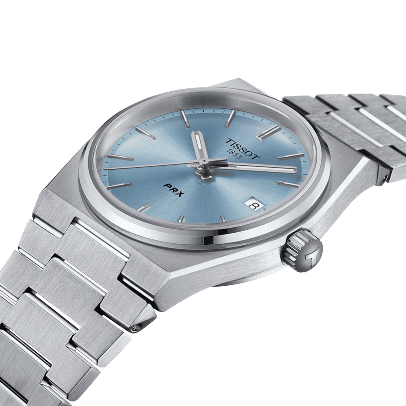 The Tissot PRX Quartz 35mm Watch from Tissot showcases a sleek silver stainless steel band and a light blue dial with Swiss Quartz Movement. It features minimalist hour markers, a date display at the 3 o'clock position, and proudly displays the Tissot logo. The sapphire crystal enhances its modern and elegant design by ensuring water resistance.