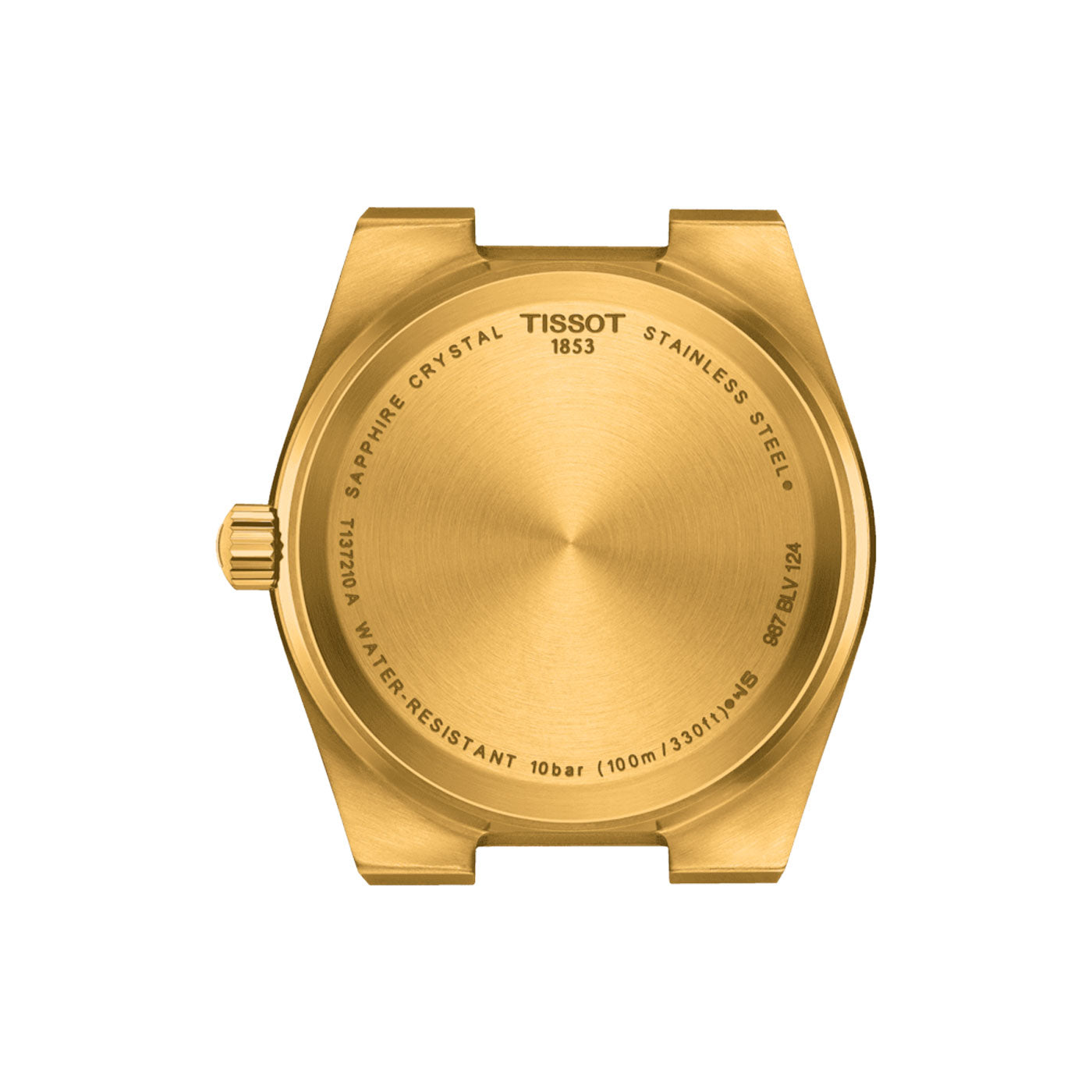 The rear of the Tissot PRX Quartz 35mm Watch case is finished in yellow gold PVD, showcasing inscriptions like "Tissot 1853," "Scratch Resistant Sapphire Crystal," "Stainless Steel," and "Water-Resistant 10 bar (100m/330ft)." It proudly features Swiss Quartz Movement. The watch is displayed without a strap attached.